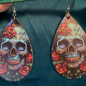 Sugar Skull Vegan Leather Earrings Steampunk Light Weight